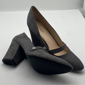 Nine West Mary Jane Pump Block‎ Heels Womens 9.5 Gray Vegan Career Dressy